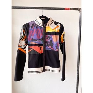 ANIMATED CLOSET Women's Black Multi Patch Work Full Zip Up Track Jacket size S